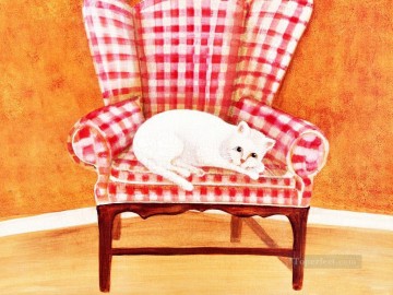 chat blanc dans une chaise Peinture à l'huile